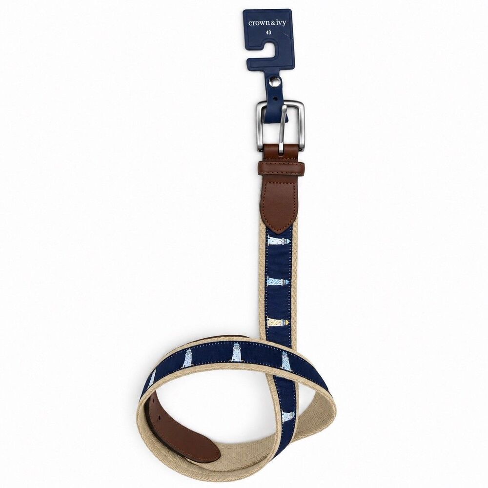 Crown & Ivy Men’s Belt Size 40 Navy Lighthouse Nautical Embroidered Leather NWT